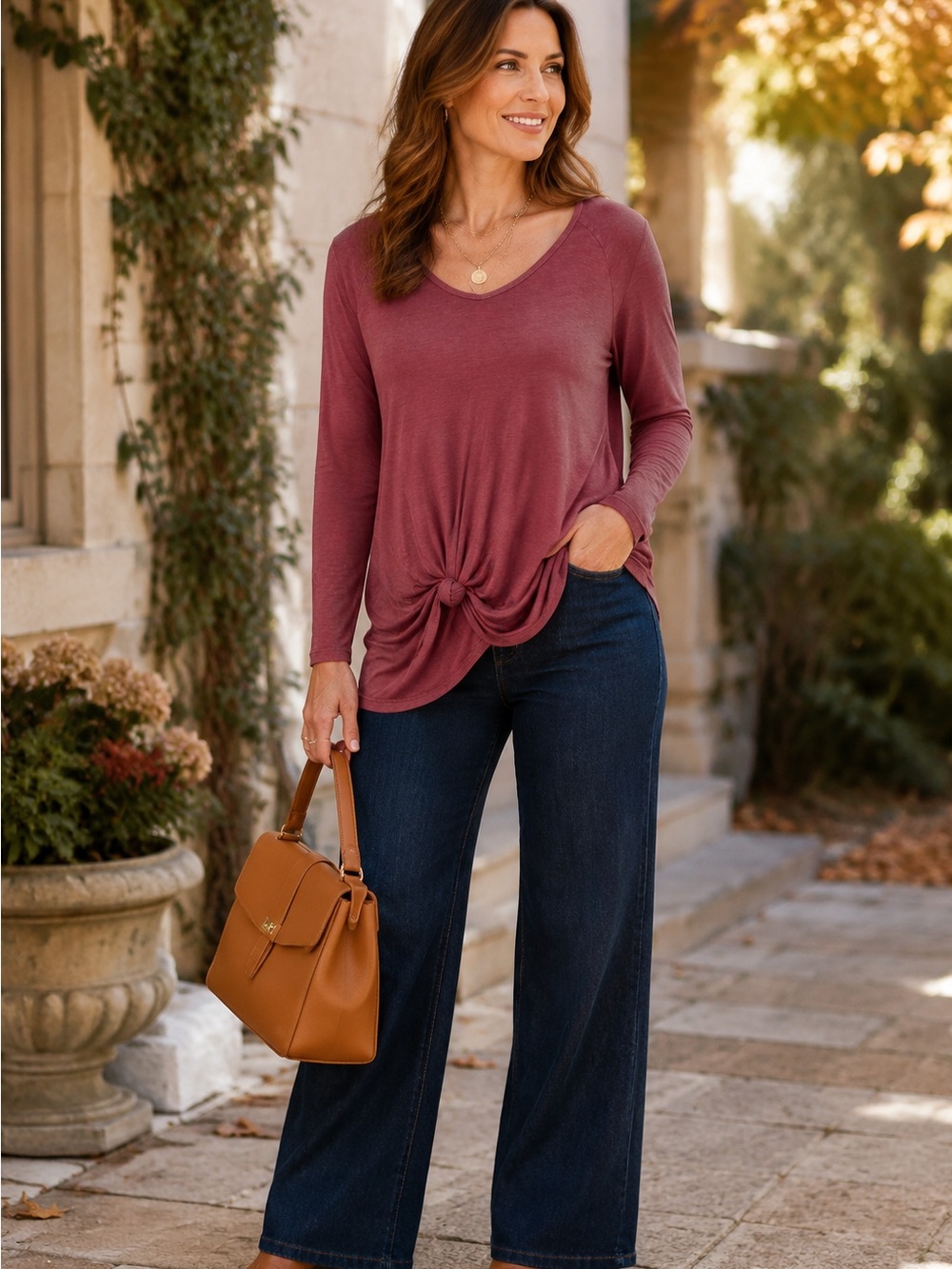 Gypsy Junkies Burgundy Side Knot Long Sleeve Scoop Neck Asymmetrical Top Boho